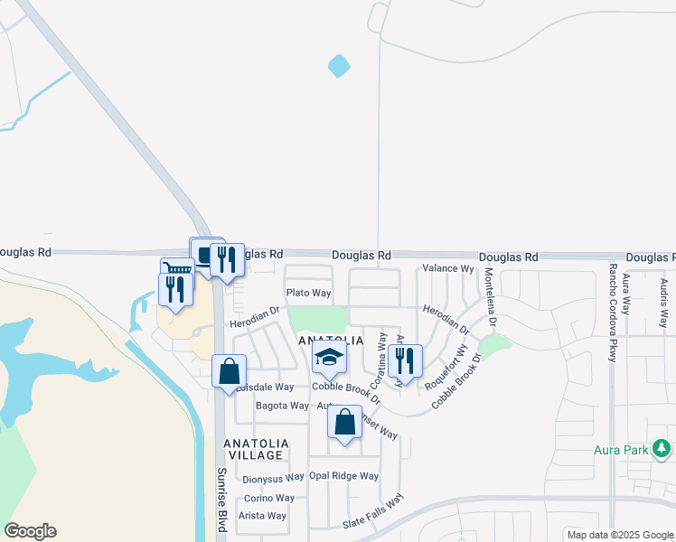 map of restaurants, bars, coffee shops, grocery stores, and more near 3967 Aristotle Circle in Rancho Cordova
