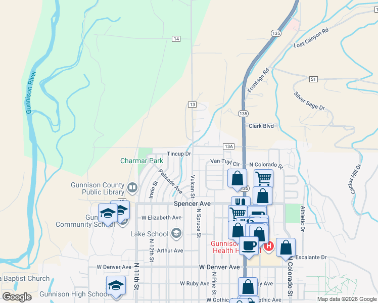 map of restaurants, bars, coffee shops, grocery stores, and more near 412 Tincup Drive in Gunnison