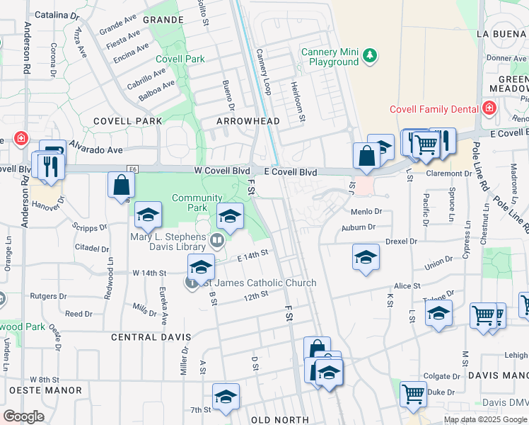 map of restaurants, bars, coffee shops, grocery stores, and more near 1600 F Street in Davis