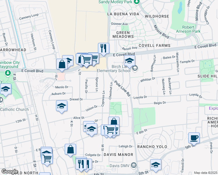 map of restaurants, bars, coffee shops, grocery stores, and more near 1311 Chestnut Lane in Davis