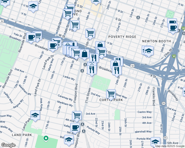 map of restaurants, bars, coffee shops, grocery stores, and more near 2556 21st Street in Sacramento