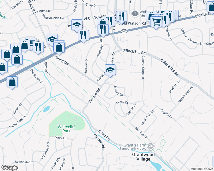 map of restaurants, bars, coffee shops, grocery stores, and more near 7924 Sunray Lane in St. Louis