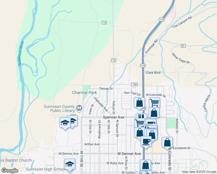 map of restaurants, bars, coffee shops, grocery stores, and more near 412 Tincup Drive in Gunnison