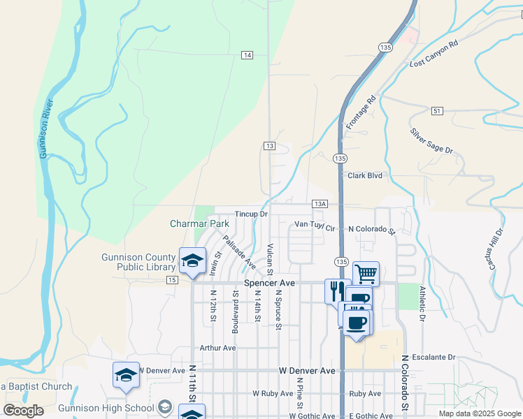 map of restaurants, bars, coffee shops, grocery stores, and more near 412 Tincup Drive in Gunnison
