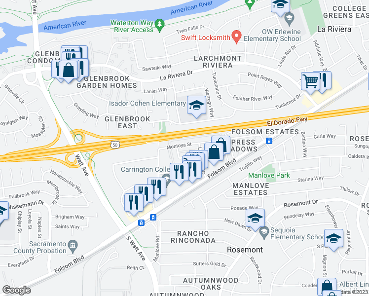 map of restaurants, bars, coffee shops, grocery stores, and more near 9020 Montoya Street in Sacramento