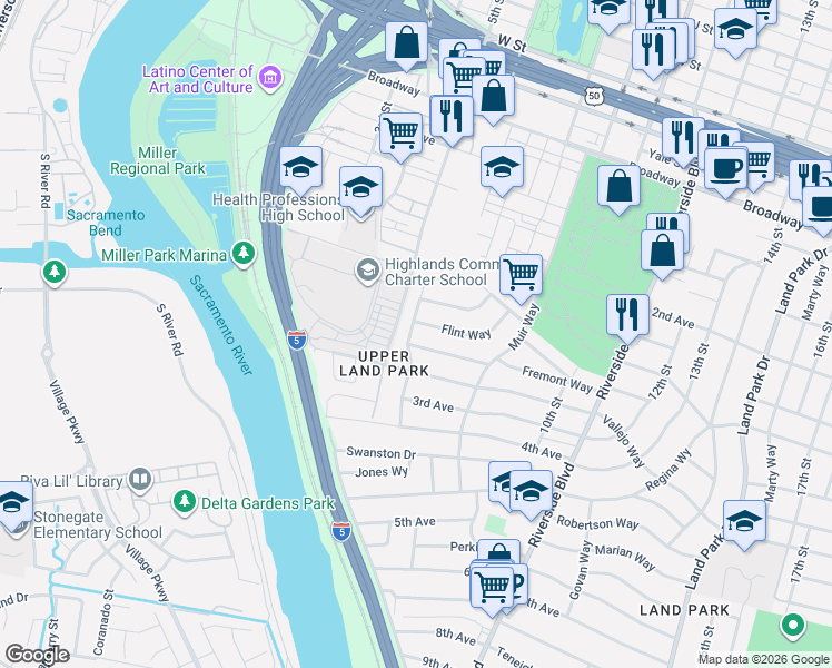 map of restaurants, bars, coffee shops, grocery stores, and more near 2761 San Luis Court in Sacramento
