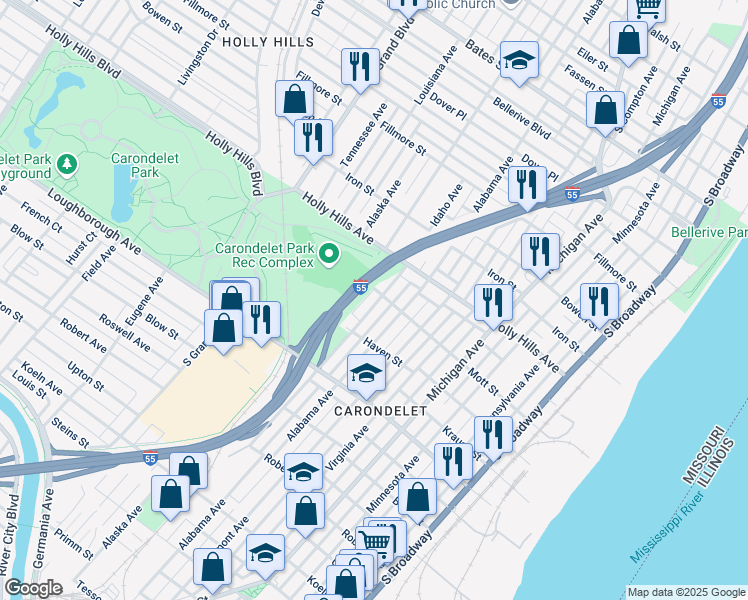 map of restaurants, bars, coffee shops, grocery stores, and more near 6609 Idaho Avenue in St. Louis