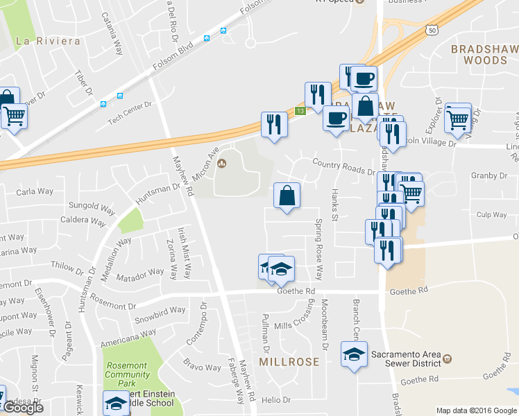 map of restaurants, bars, coffee shops, grocery stores, and more near 9607 Harvest View Way in Sacramento