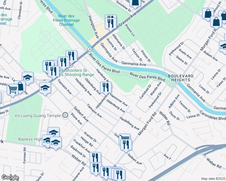 map of restaurants, bars, coffee shops, grocery stores, and more near 7434 Hildesheim Avenue in Saint Louis