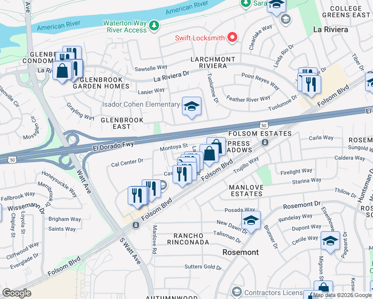 map of restaurants, bars, coffee shops, grocery stores, and more near 9032 Montoya Street in Sacramento