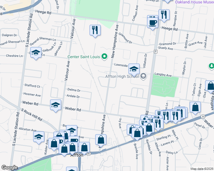 map of restaurants, bars, coffee shops, grocery stores, and more near 8449 New Hampshire Avenue in Affton