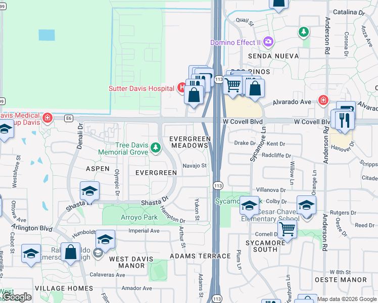 map of restaurants, bars, coffee shops, grocery stores, and more near 1650 Joshua Tree Street in Davis