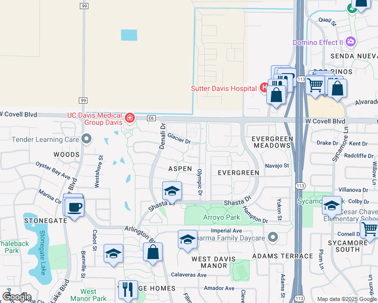 map of restaurants, bars, coffee shops, grocery stores, and more near 2205 Isle Royale Lane in Davis