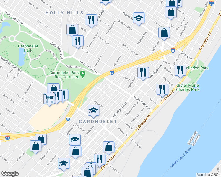 map of restaurants, bars, coffee shops, grocery stores, and more near 612 Holly Hills Avenue in St. Louis
