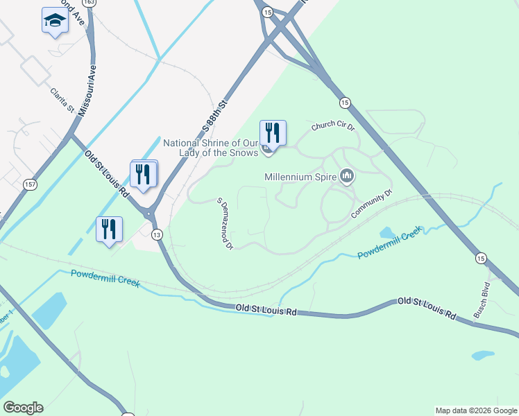 map of restaurants, bars, coffee shops, grocery stores, and more near 726 Community Drive in Belleville