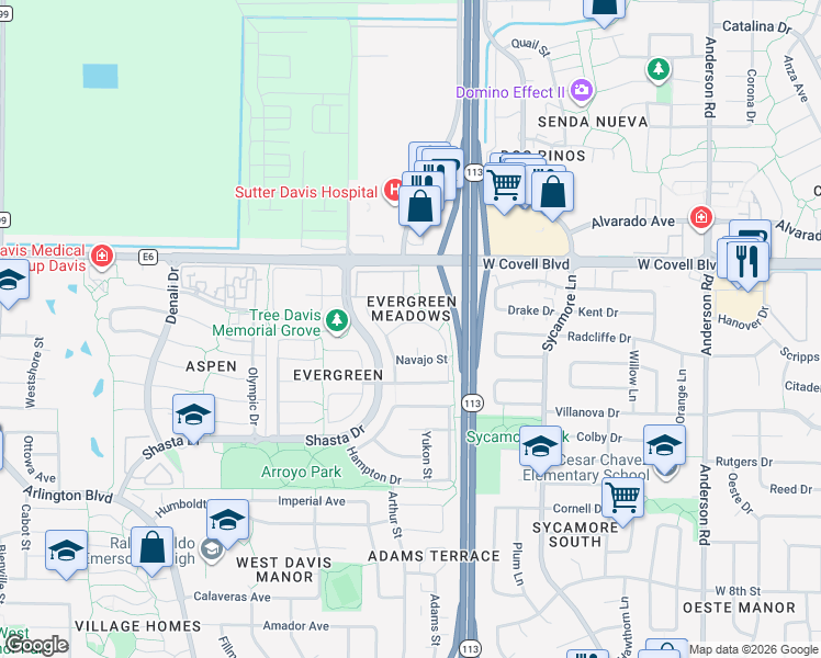 map of restaurants, bars, coffee shops, grocery stores, and more near 1650 Joshua Tree Street in Davis