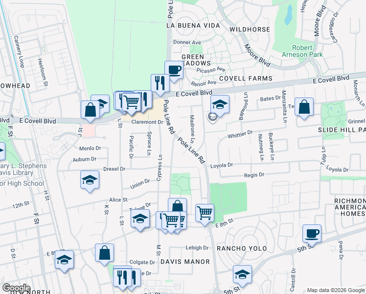 map of restaurants, bars, coffee shops, grocery stores, and more near 1505 Pole Line Road in Davis