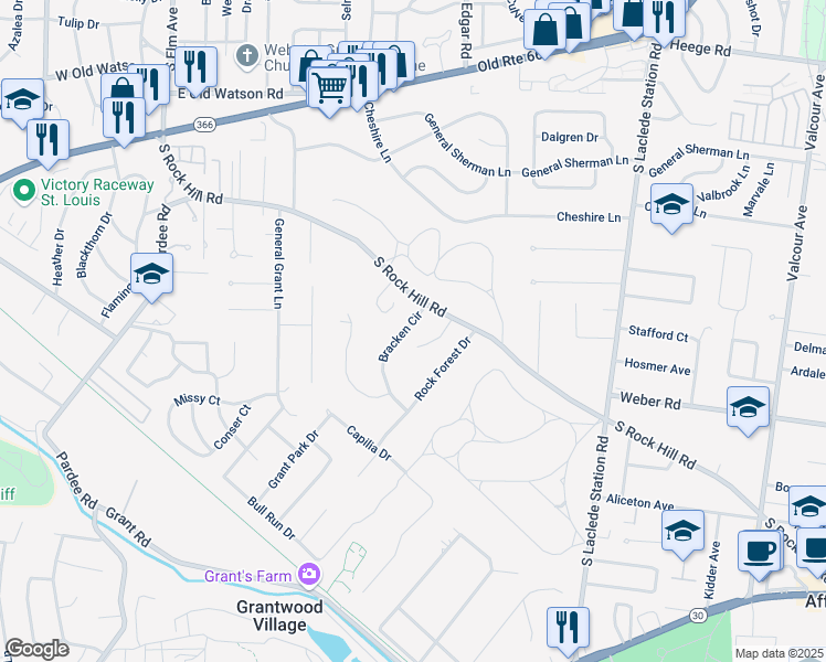 map of restaurants, bars, coffee shops, grocery stores, and more near 8820 Bracken Circle in St. Louis