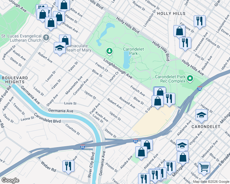 map of restaurants, bars, coffee shops, grocery stores, and more near 3751 Roswell Avenue in St. Louis