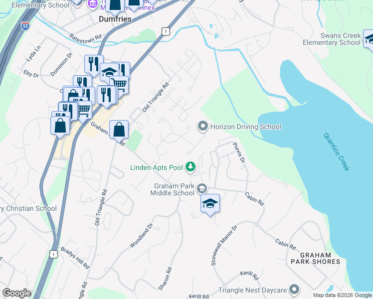 map of restaurants, bars, coffee shops, grocery stores, and more near 3642 Wharf Lane in Triangle