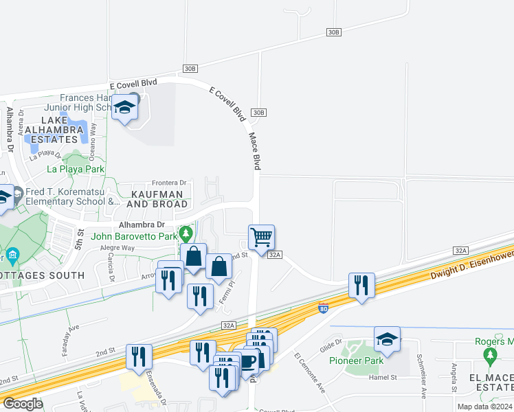 map of restaurants, bars, coffee shops, grocery stores, and more near Mace Boulevard & Alhambra Drive in Yolo County