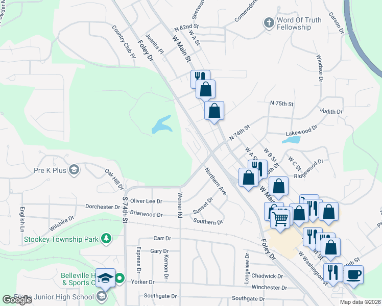map of restaurants, bars, coffee shops, grocery stores, and more near 7516 Claymont Court in Belleville