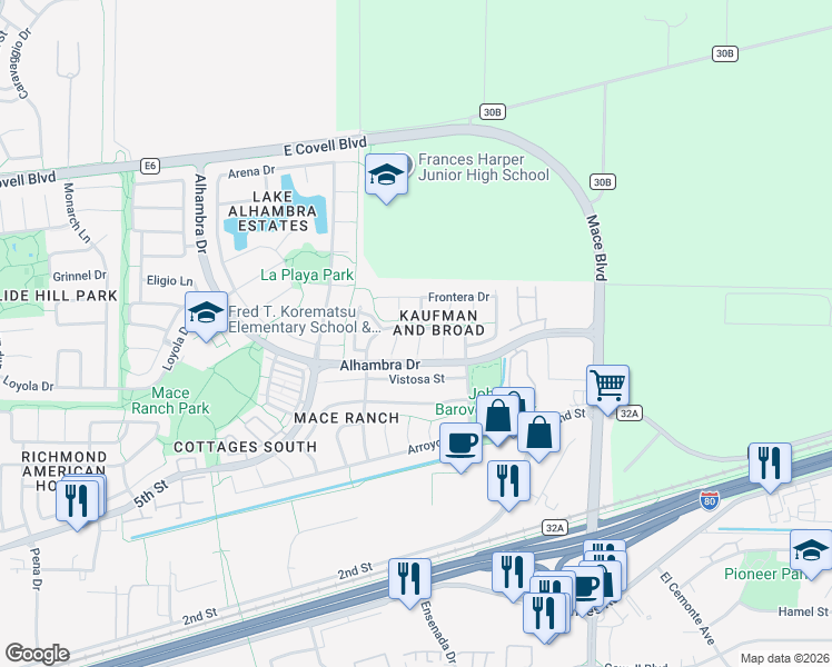 map of restaurants, bars, coffee shops, grocery stores, and more near 4108 Atlantis Drive in Davis