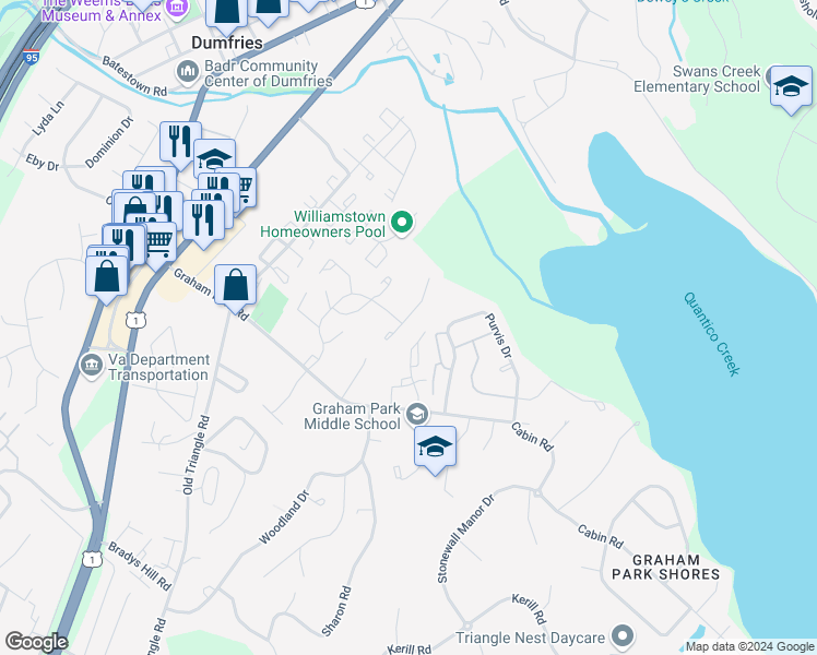 map of restaurants, bars, coffee shops, grocery stores, and more near 3627 Wharf Lane in Triangle