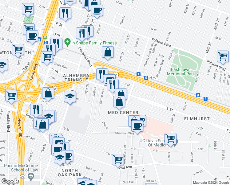 map of restaurants, bars, coffee shops, grocery stores, and more near 3716 T Street in Sacramento