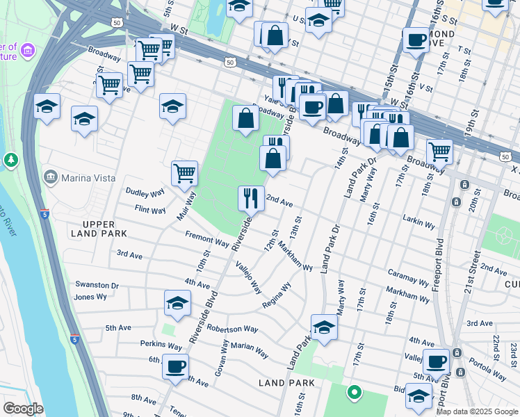 map of restaurants, bars, coffee shops, grocery stores, and more near 1115 Castro Way in Sacramento