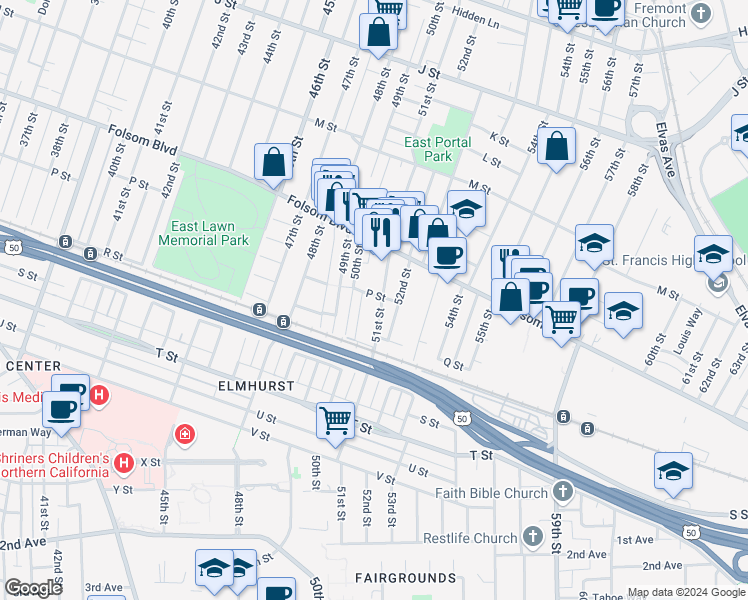 map of restaurants, bars, coffee shops, grocery stores, and more near 1600 51st Street in Sacramento