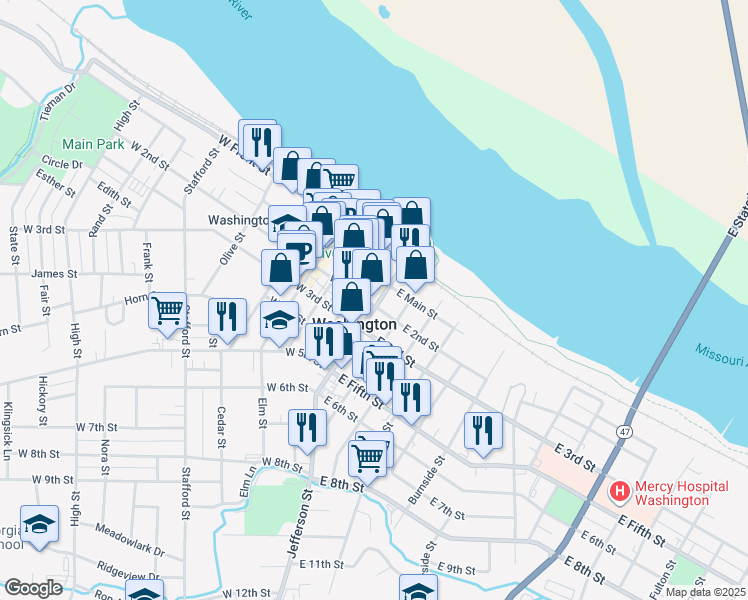map of restaurants, bars, coffee shops, grocery stores, and more near 121 Jefferson Street in Washington
