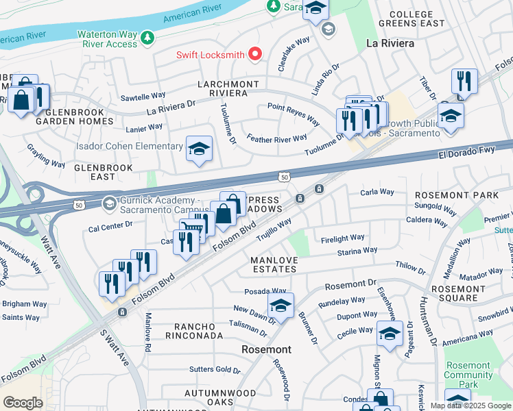 map of restaurants, bars, coffee shops, grocery stores, and more near 9055 Folsom Boulevard in Sacramento