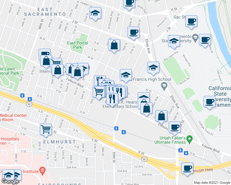map of restaurants, bars, coffee shops, grocery stores, and more near 1412 57th Street in Sacramento