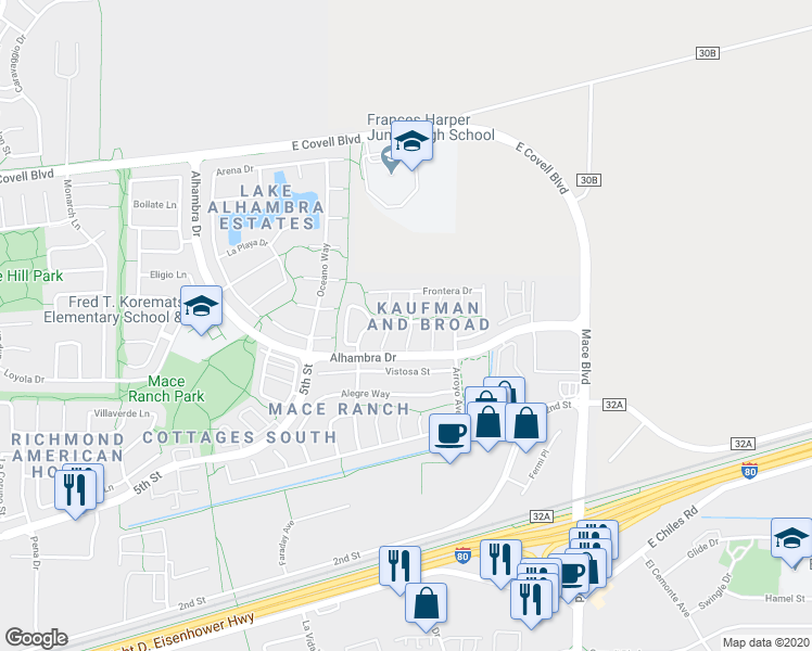 map of restaurants, bars, coffee shops, grocery stores, and more near 4108 Atlantis Drive in Davis