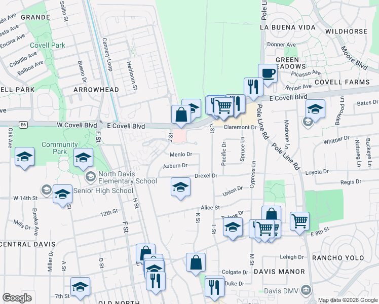map of restaurants, bars, coffee shops, grocery stores, and more near 1235 Menlo Drive in Davis