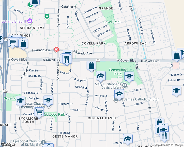 map of restaurants, bars, coffee shops, grocery stores, and more near 1627 Oak Avenue in Davis