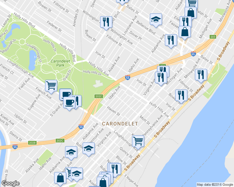 map of restaurants, bars, coffee shops, grocery stores, and more near 6429 Alabama Avenue in St. Louis