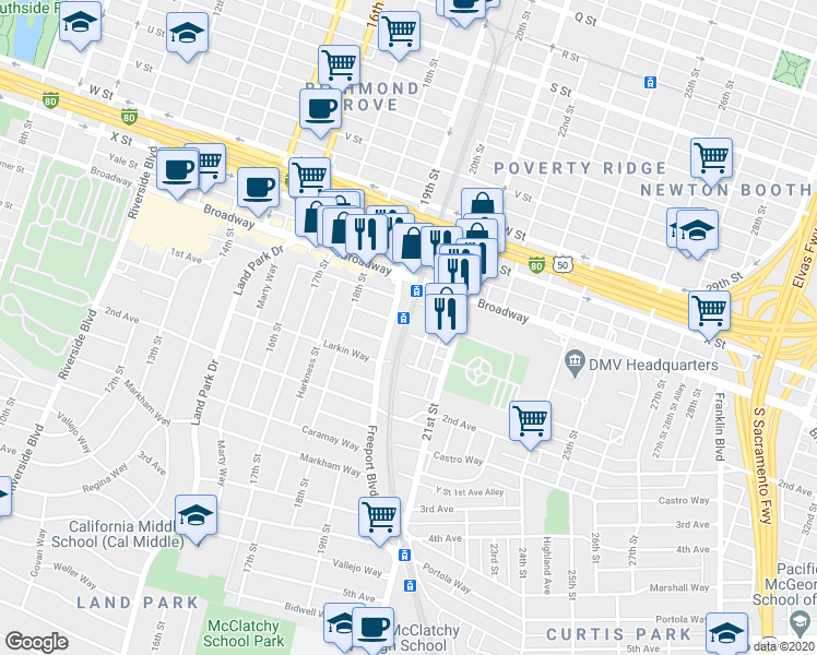 map of restaurants, bars, coffee shops, grocery stores, and more near 1920 Broadway in Sacramento