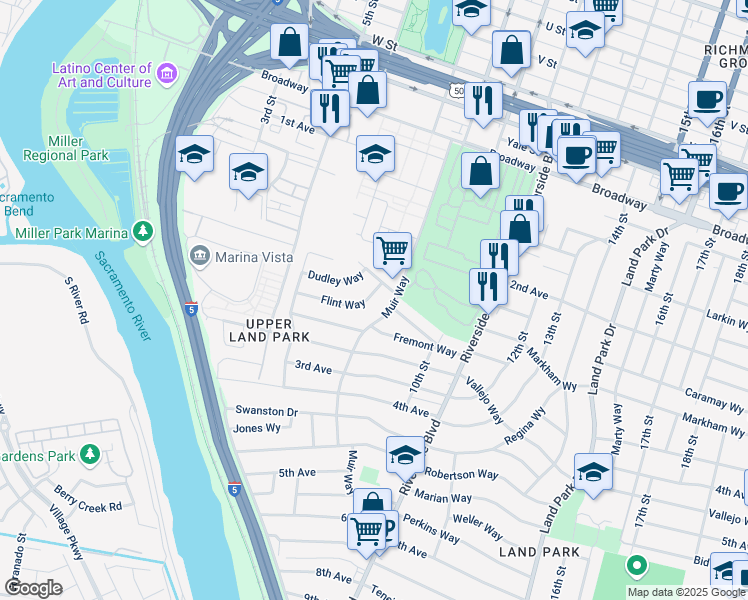 map of restaurants, bars, coffee shops, grocery stores, and more near 732 Flint Way in Sacramento