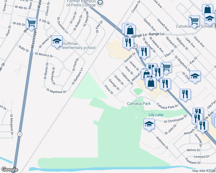map of restaurants, bars, coffee shops, grocery stores, and more near 1155 Price Street in Cahokia