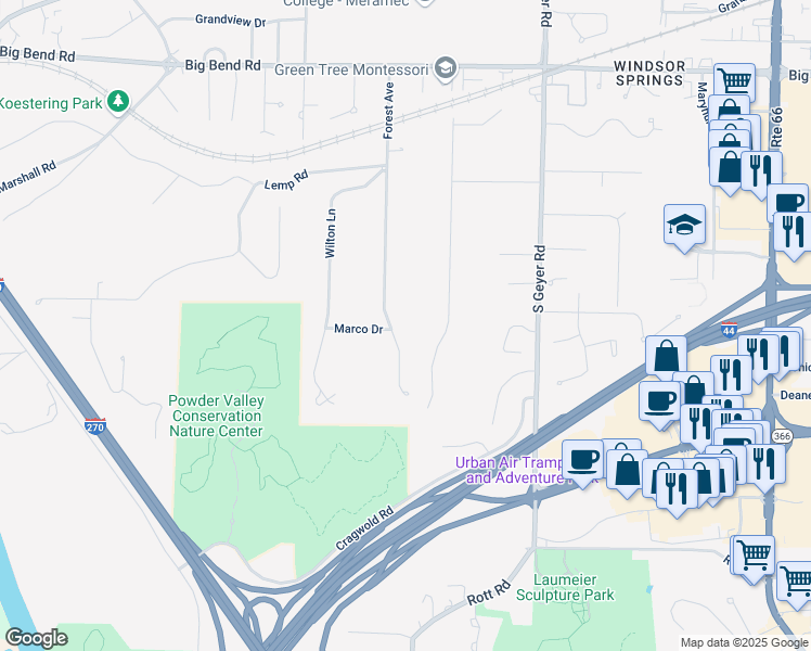 map of restaurants, bars, coffee shops, grocery stores, and more near 1370 Forest Avenue in Kirkwood