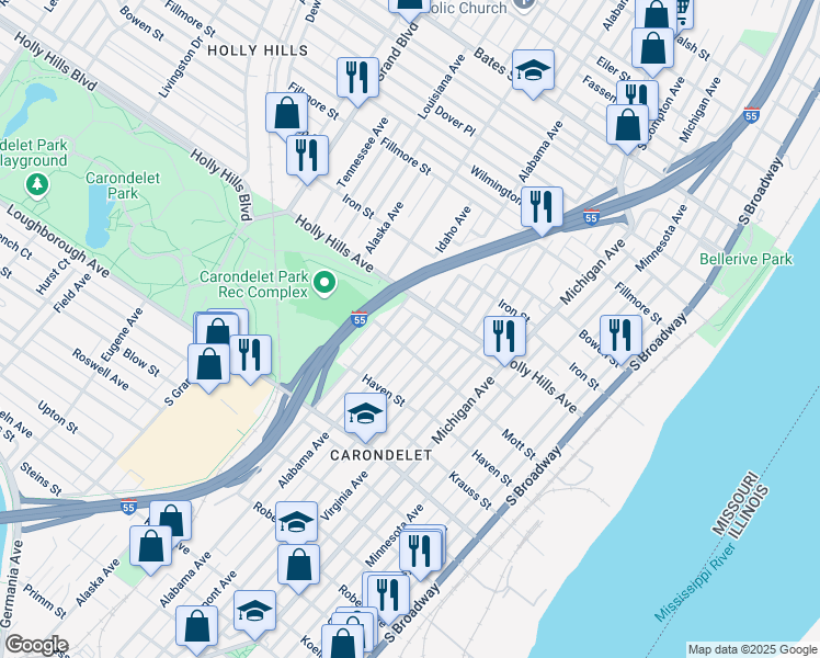 map of restaurants, bars, coffee shops, grocery stores, and more near 6429 Alabama Avenue in St. Louis