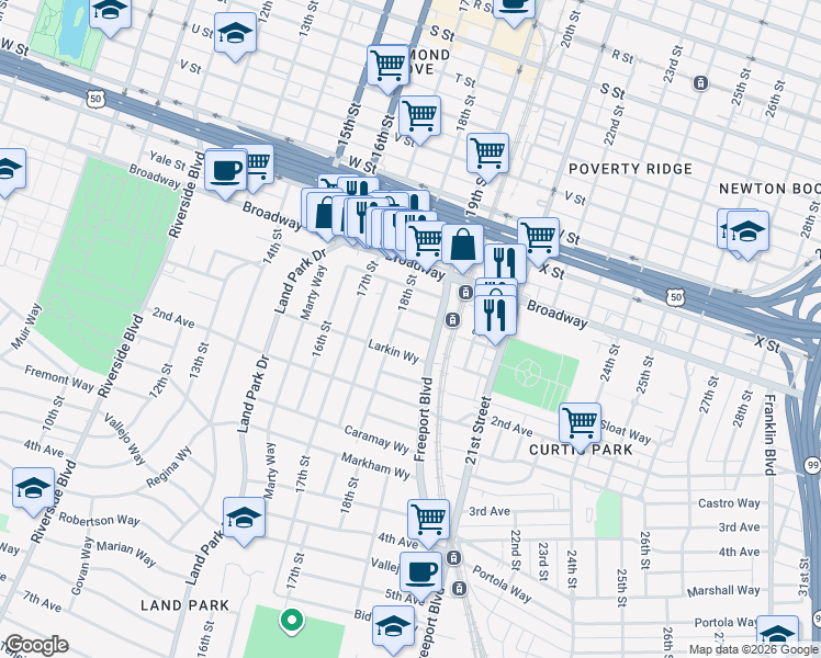 map of restaurants, bars, coffee shops, grocery stores, and more near 1825 Beverly Way in Sacramento