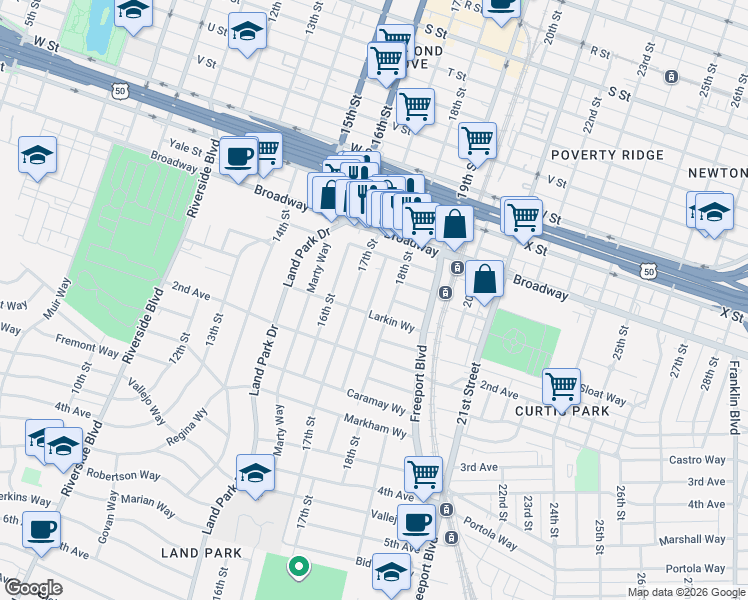 map of restaurants, bars, coffee shops, grocery stores, and more near 2621 Harkness Street in Sacramento