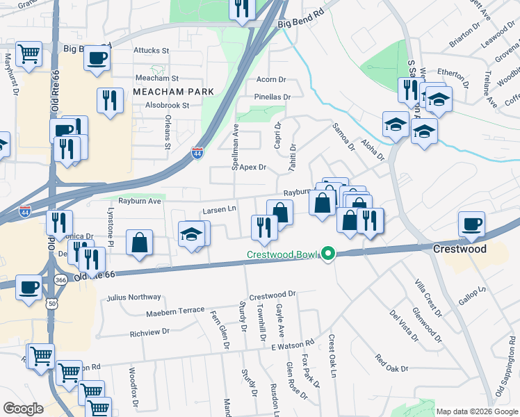 map of restaurants, bars, coffee shops, grocery stores, and more near 1407 Fox Creek Drive in St. Louis