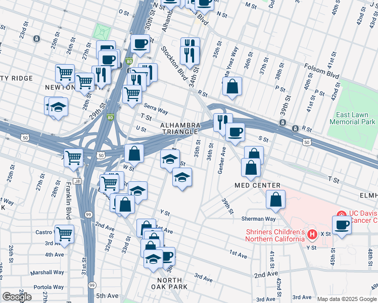 map of restaurants, bars, coffee shops, grocery stores, and more near 3445 Truckee Way in Sacramento
