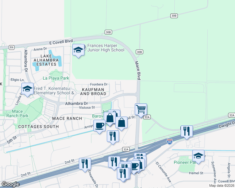 map of restaurants, bars, coffee shops, grocery stores, and more near 4501 Alhambra Drive in Davis