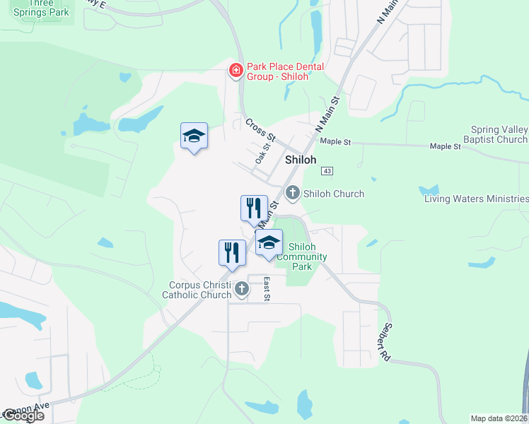 map of restaurants, bars, coffee shops, grocery stores, and more near 301 South Main Street in Shiloh