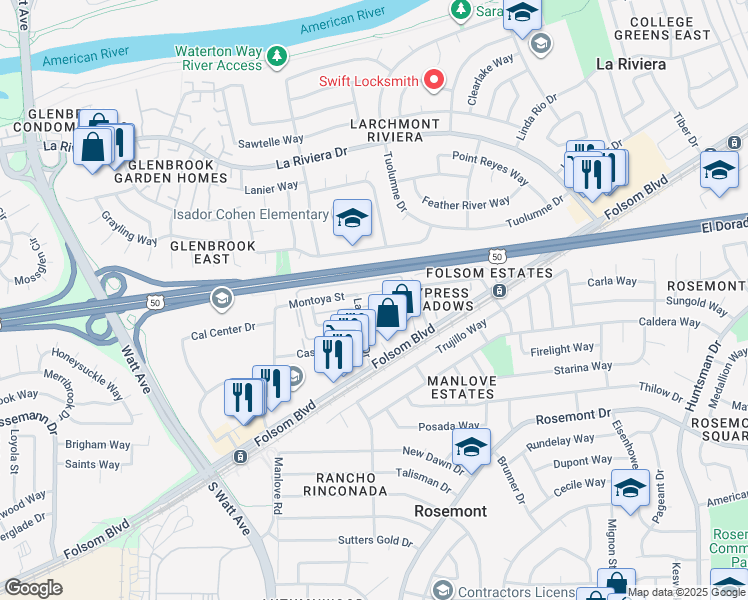 map of restaurants, bars, coffee shops, grocery stores, and more near 9058 Montoya Street in Sacramento